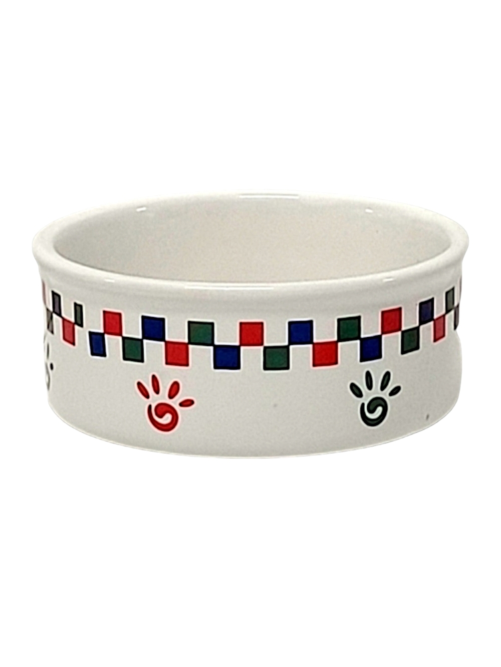 Spot Brand White Cat Bowl Ceramic with Multicolor Paw & Checker Accents